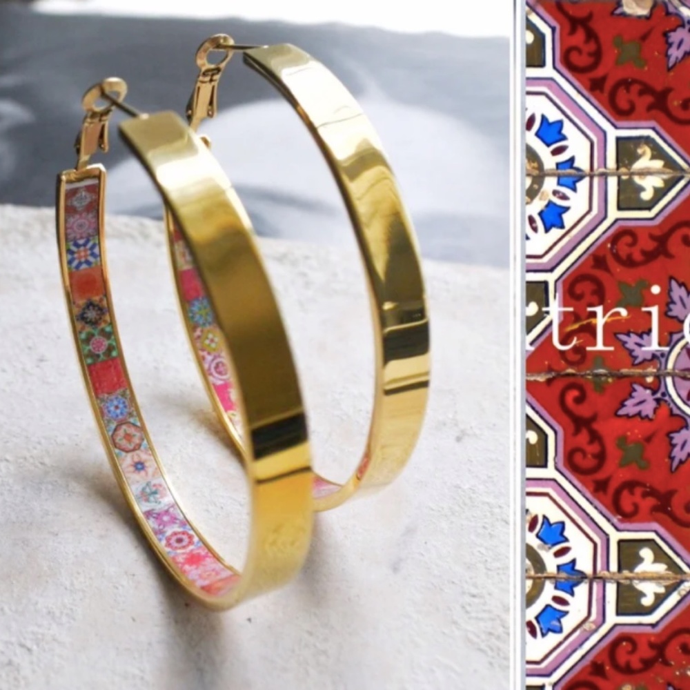 Atrio Tile Hoops Earrings Red Portugal Stainless Steel Antique Azulejo - 2"